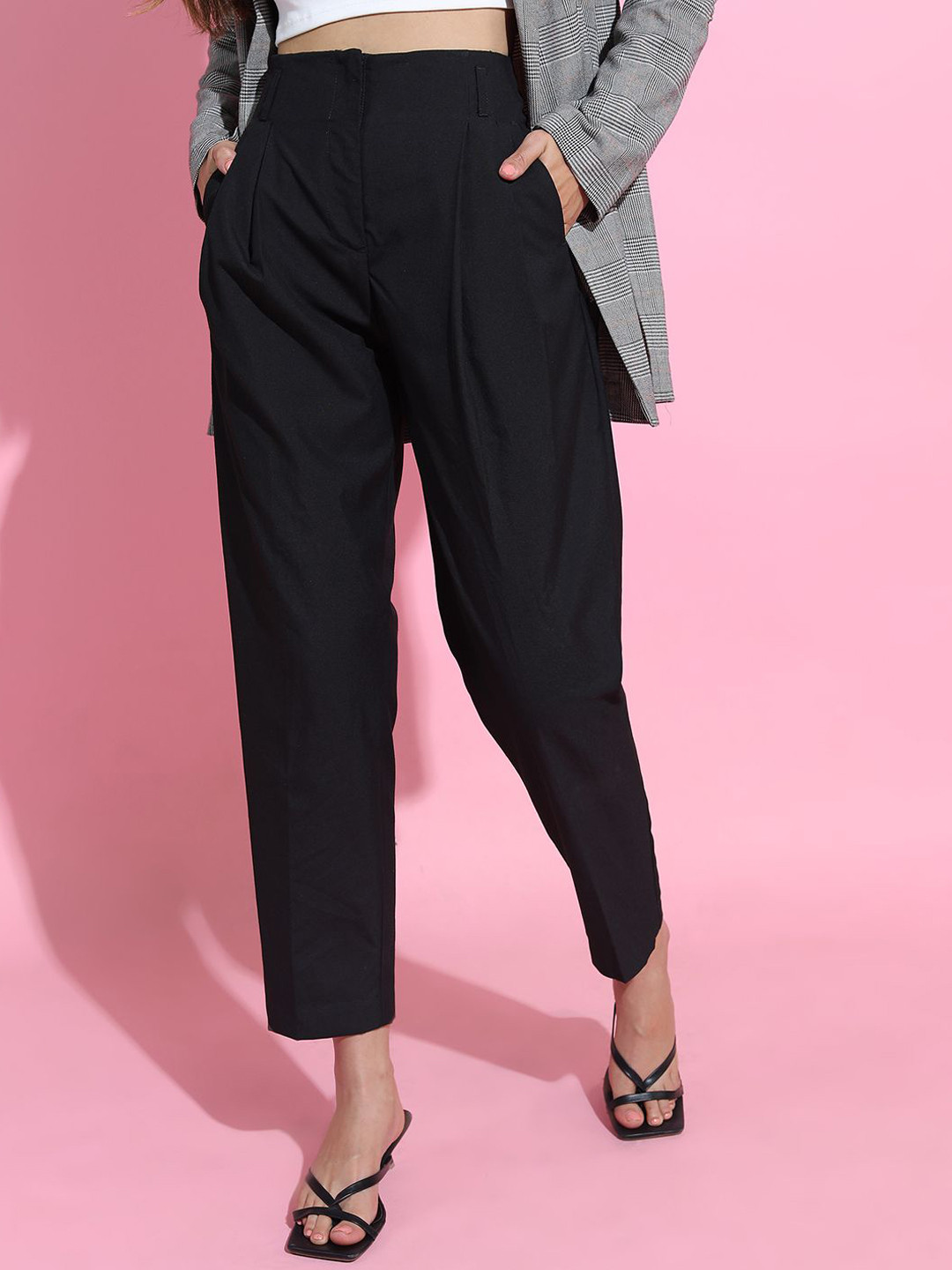 

Tokyo Talkies Women Cropped Pleated Trousers, Black