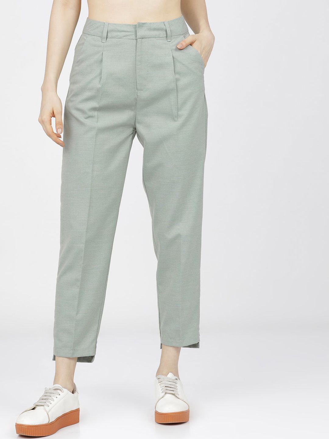 

Tokyo Talkies Women Tapered Fit Pleated Trousers, Green