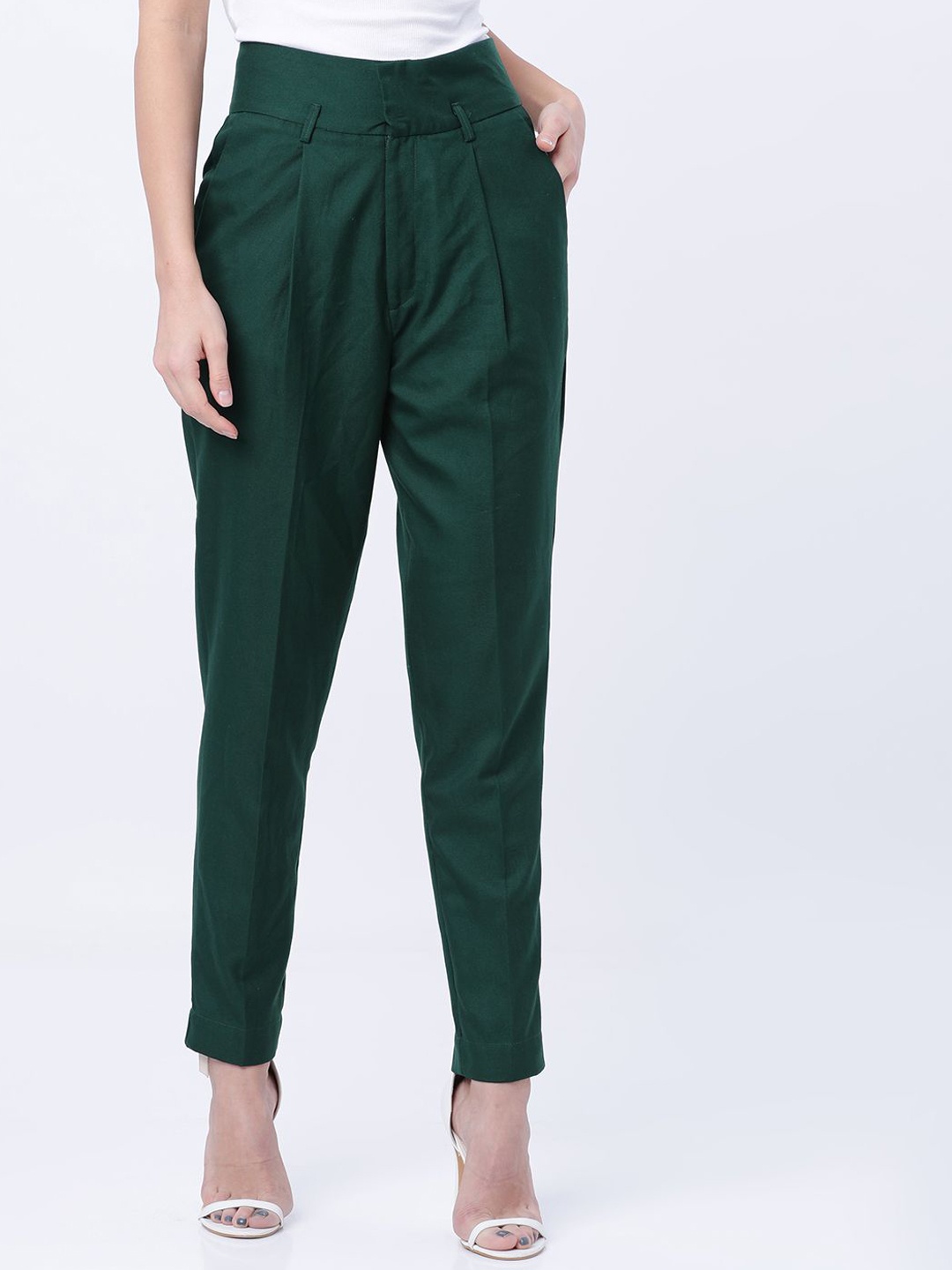 

Tokyo Talkies Women Tapered Fit High Rise Pleated Trousers, Green
