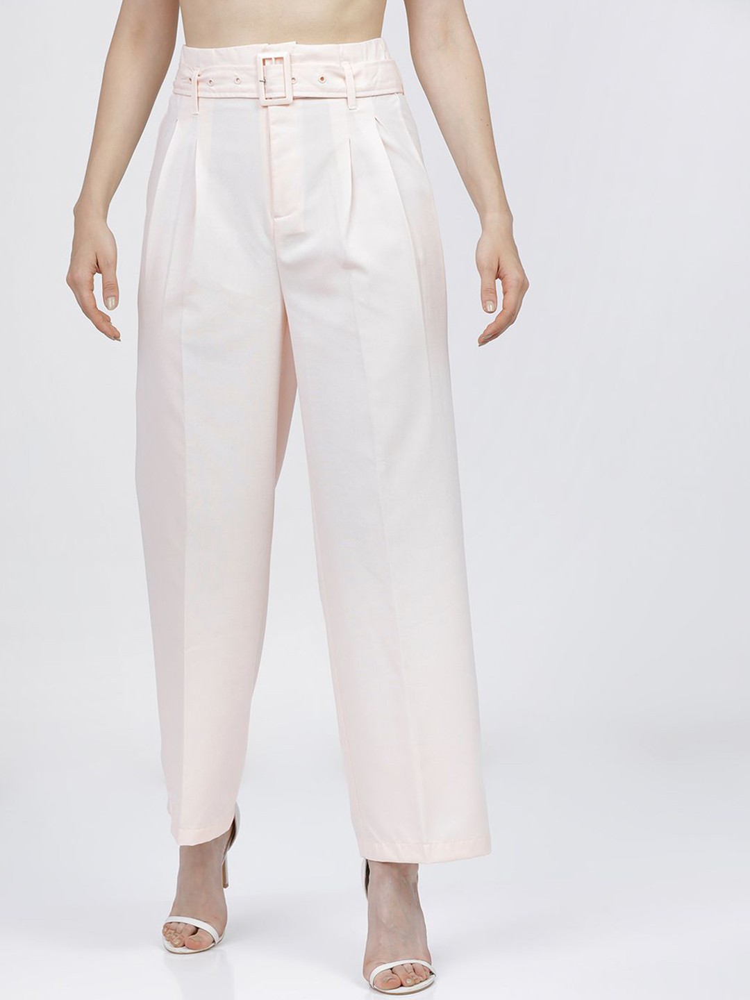 

Tokyo Talkies Women High-Rise Pleated Parallel Wide Leg Trousers, Peach