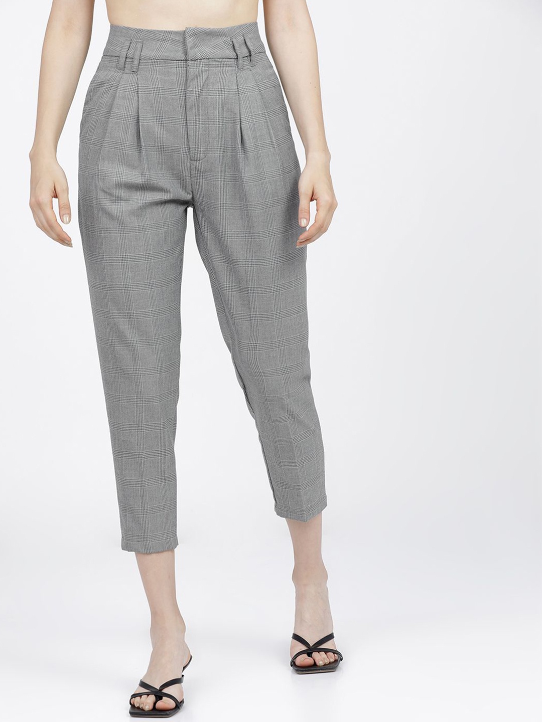 

Tokyo Talkies Women Checked Pleated Formal Trousers, Grey