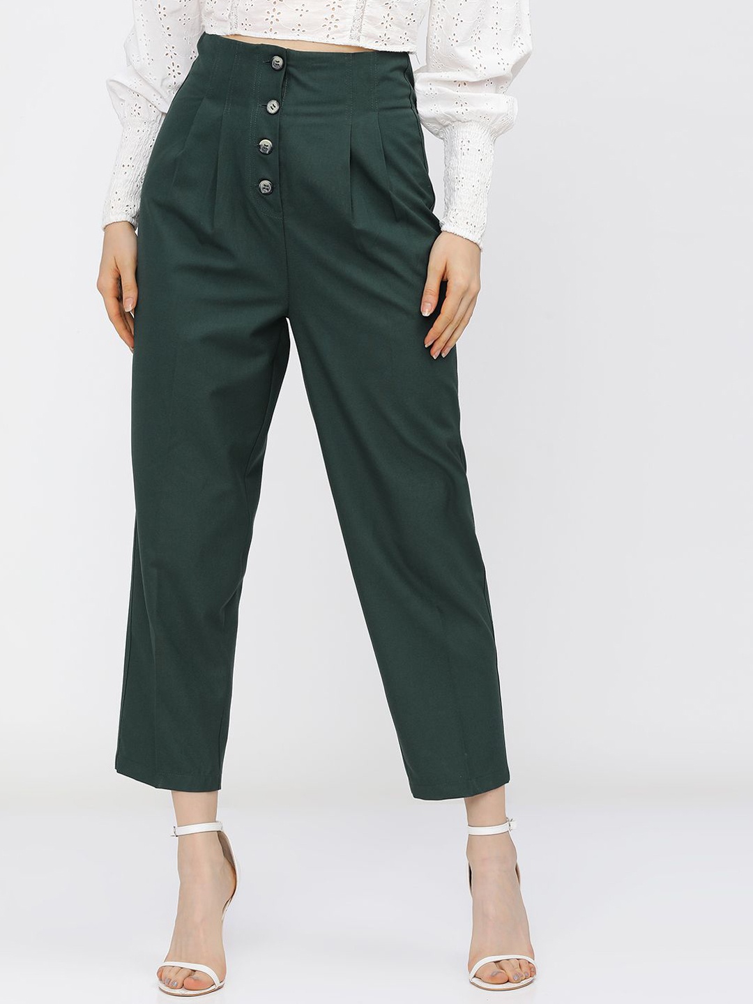 

Tokyo Talkies Women High-Rise Pleated Trousers, Green