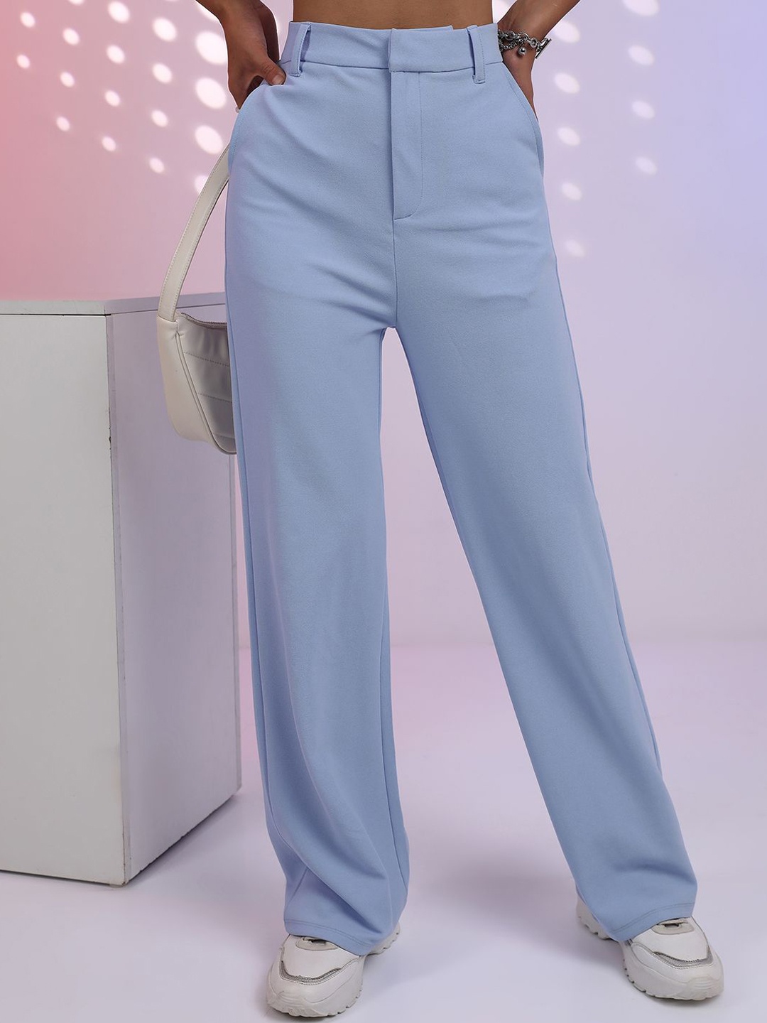 

Tokyo Talkies Women High-Rise Flat-Front Flared Trousers, Blue