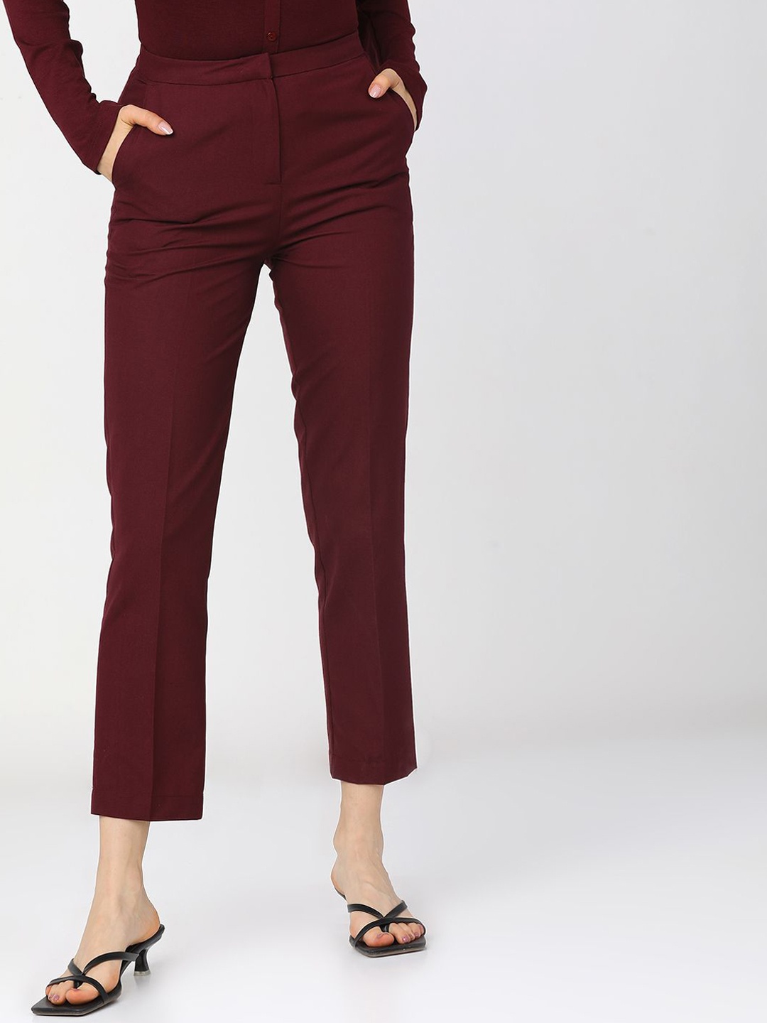 

Tokyo Talkies Women High-Rise Cropped Trousers, Maroon
