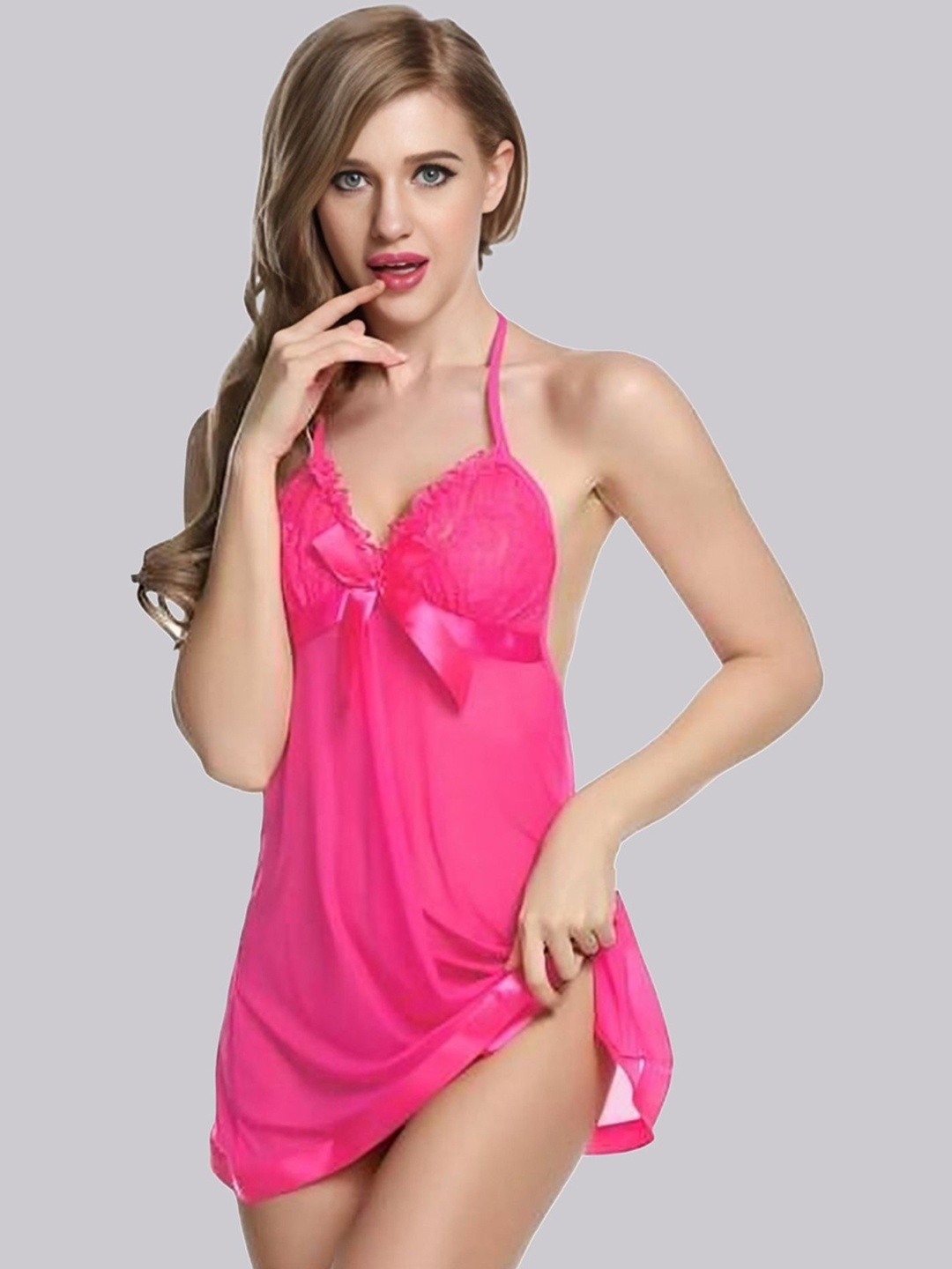 

BILLEBON Women Net Self Design Baby Doll, Pink