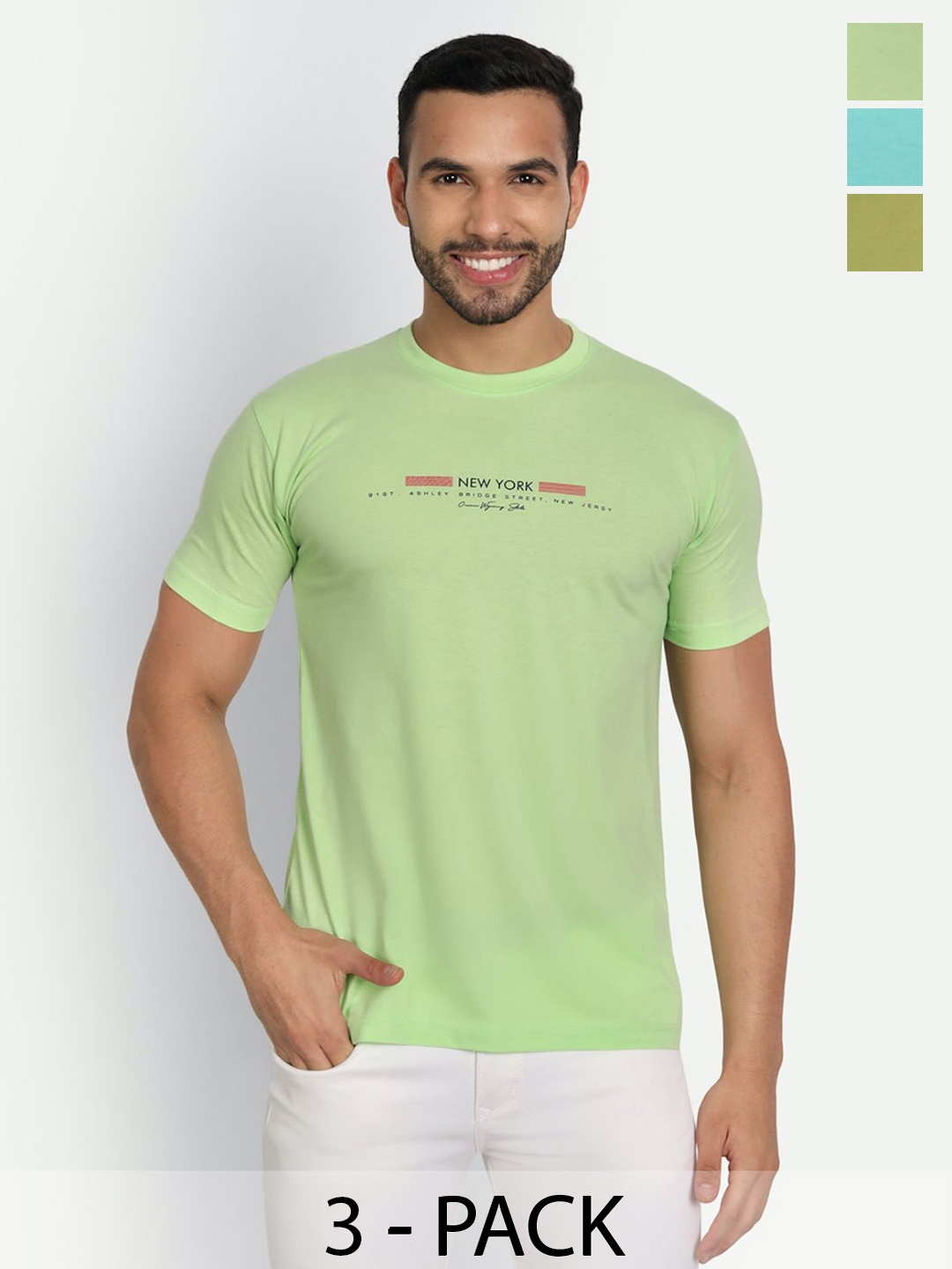 

ZEFFIT Men Pack Of 3 Typography Printed Round Neck Cotton T-shirts, Green