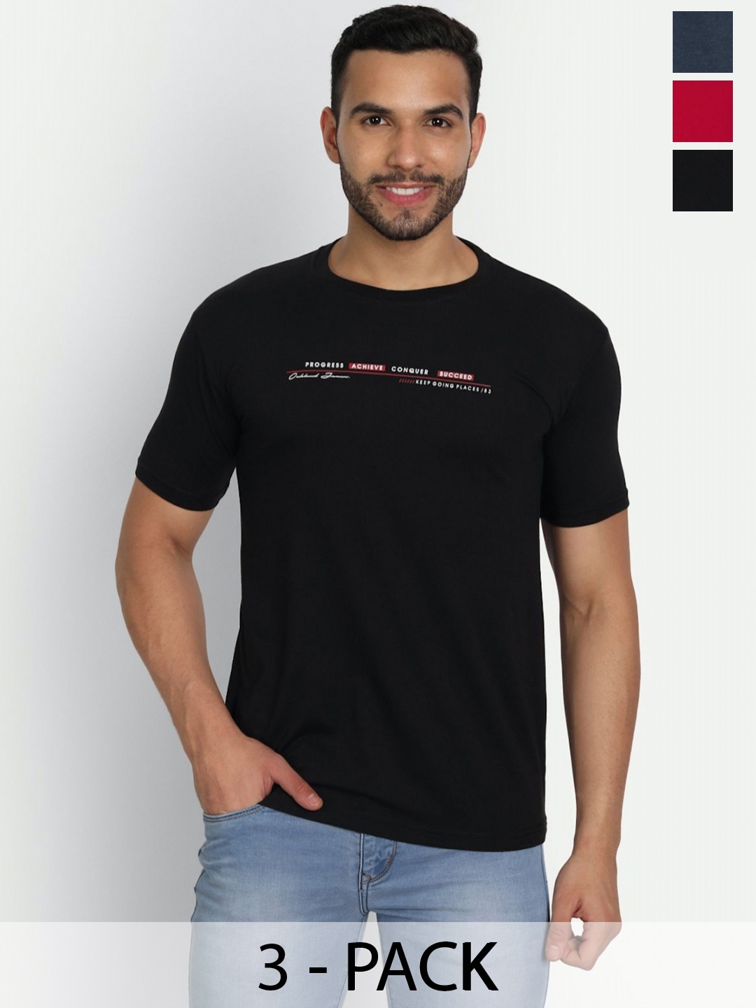 

ZEFFIT Men Pack Of 3 Typography Printed Round Neck Cotton T-shirts, Red