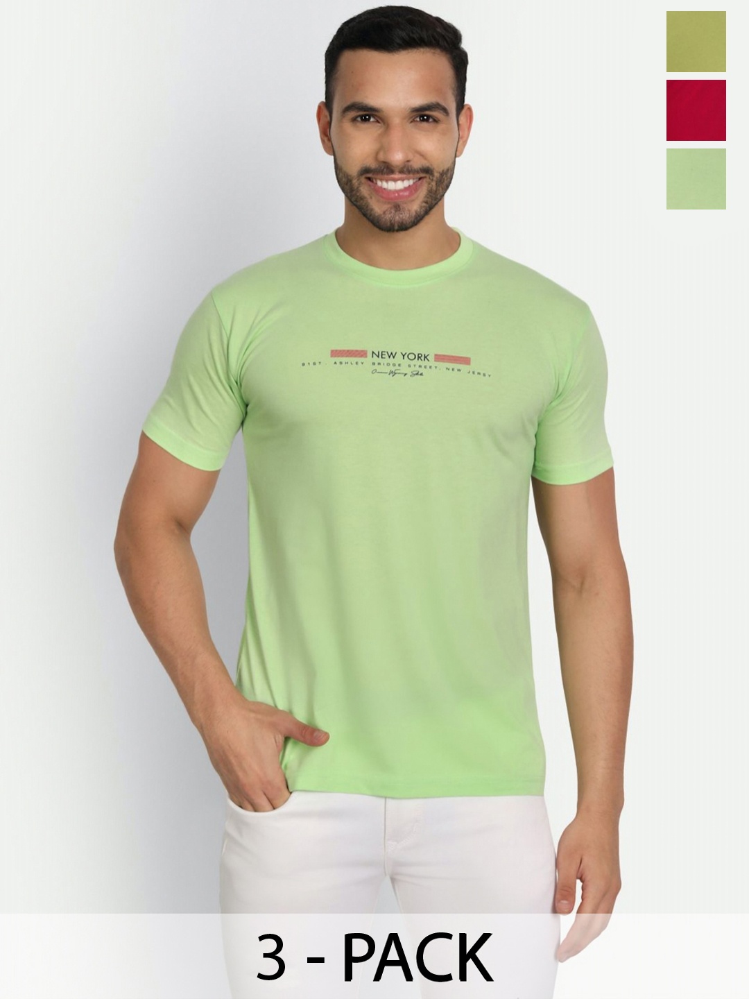 

ZEFFIT Men Pack Of 3 Typography Printed Round Neck Cotton T-shirts, Green