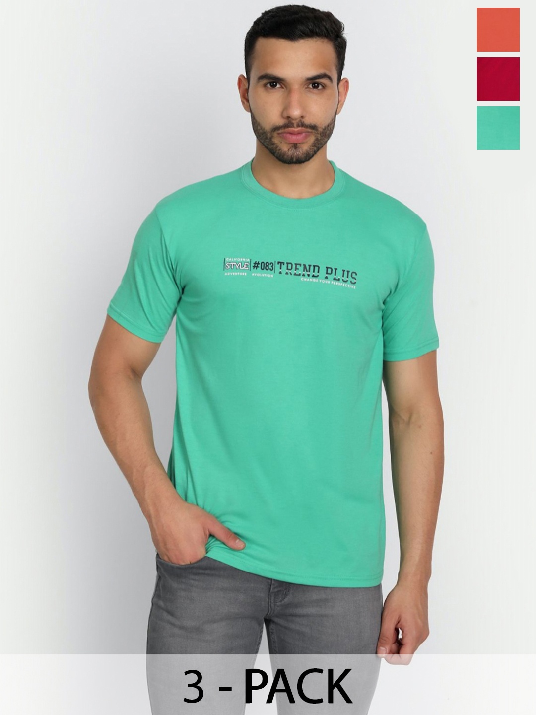 ZEFFIT Men Pack Of 3 Typography Printed Round Neck Cotton T-shirts, Sea green