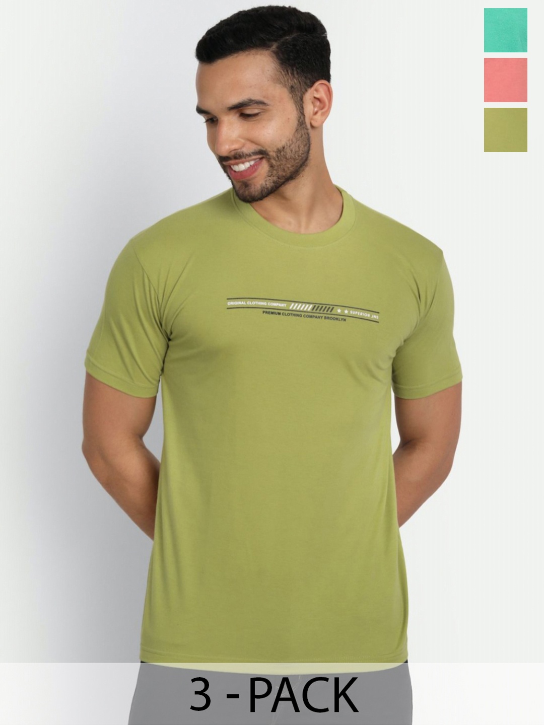 

ZEFFIT Men Pack Of 3 Typography Printed Round Neck Cotton T-shirts, Sea green
