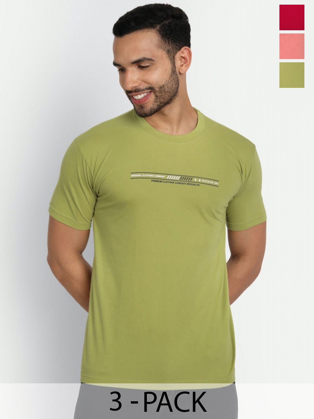 

ZEFFIT Men Pack Of 3 Typography Printed Round Neck Cotton T-shirts, Green