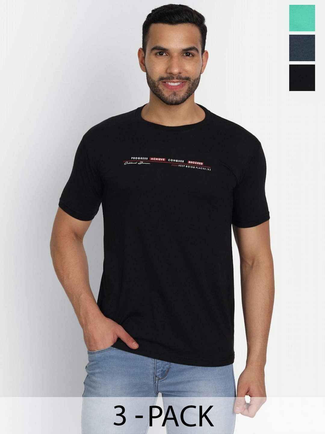 

ZEFFIT Men Pack Of 3 Typography Printed Round Neck Cotton T-shirts, Black
