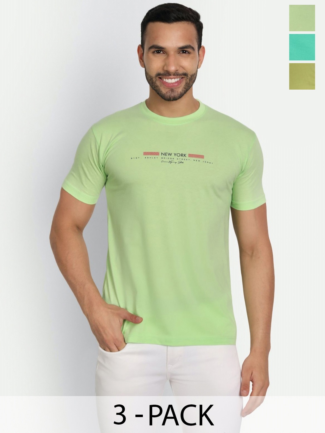 

ZEFFIT Men Pack Of 3 Typography Printed Round Neck Cotton T-shirts, Lime green