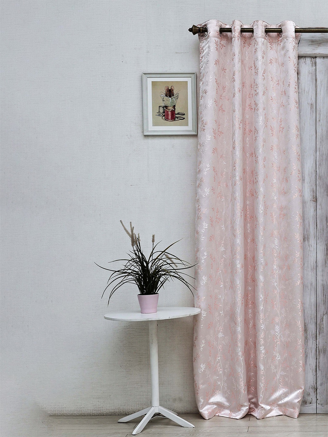 Ariana Peach & White Floral Room Darkening Jacquard Long Door Curtain