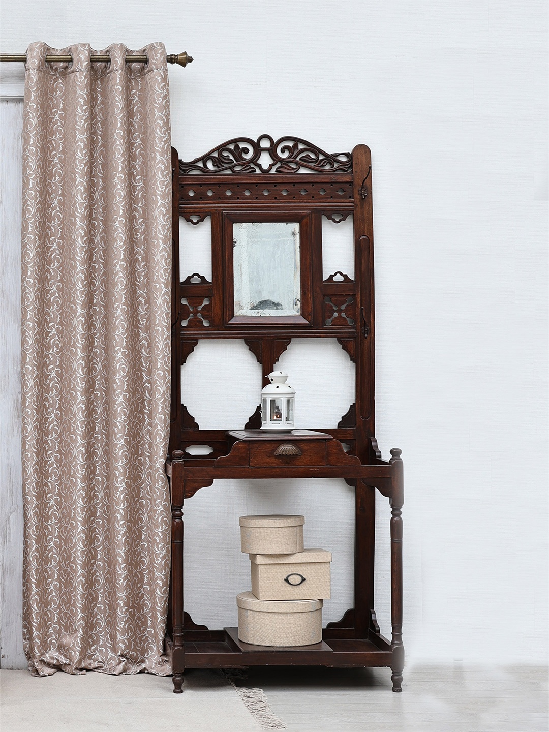 

Ariana Coffee Brown & Silver-Toned Floral Room Darkening Jacquard Long Door Curtain