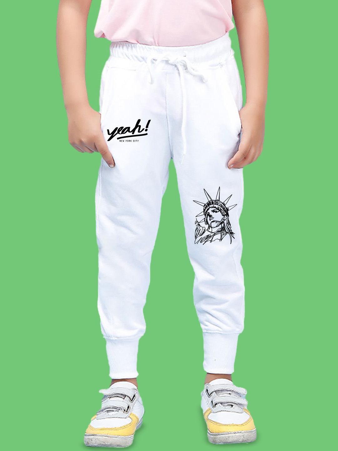 

NUSYL Boys Printed Cotton Ankle Length Track Pants, White