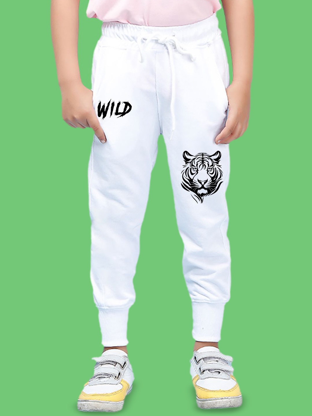 

NUSYL Boys Tiger Face & Text Printed Ankle Length Joggers, White