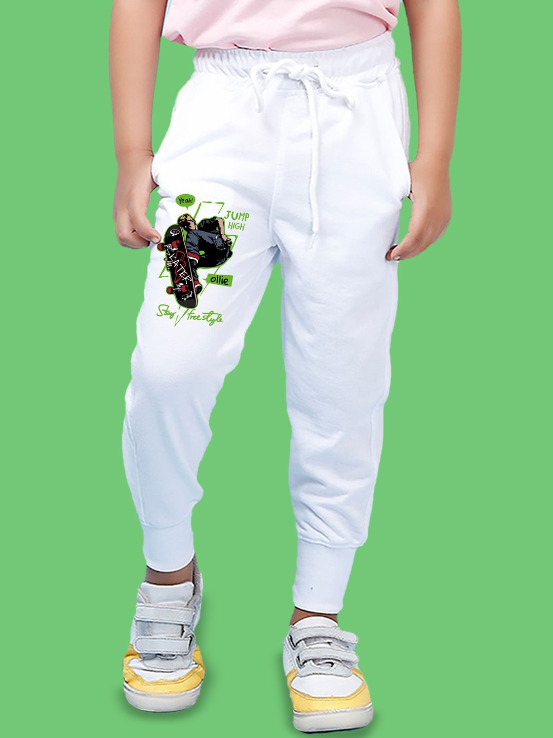 

NUSYL Boys Printed Cotton Ankle Length Track Pants, White