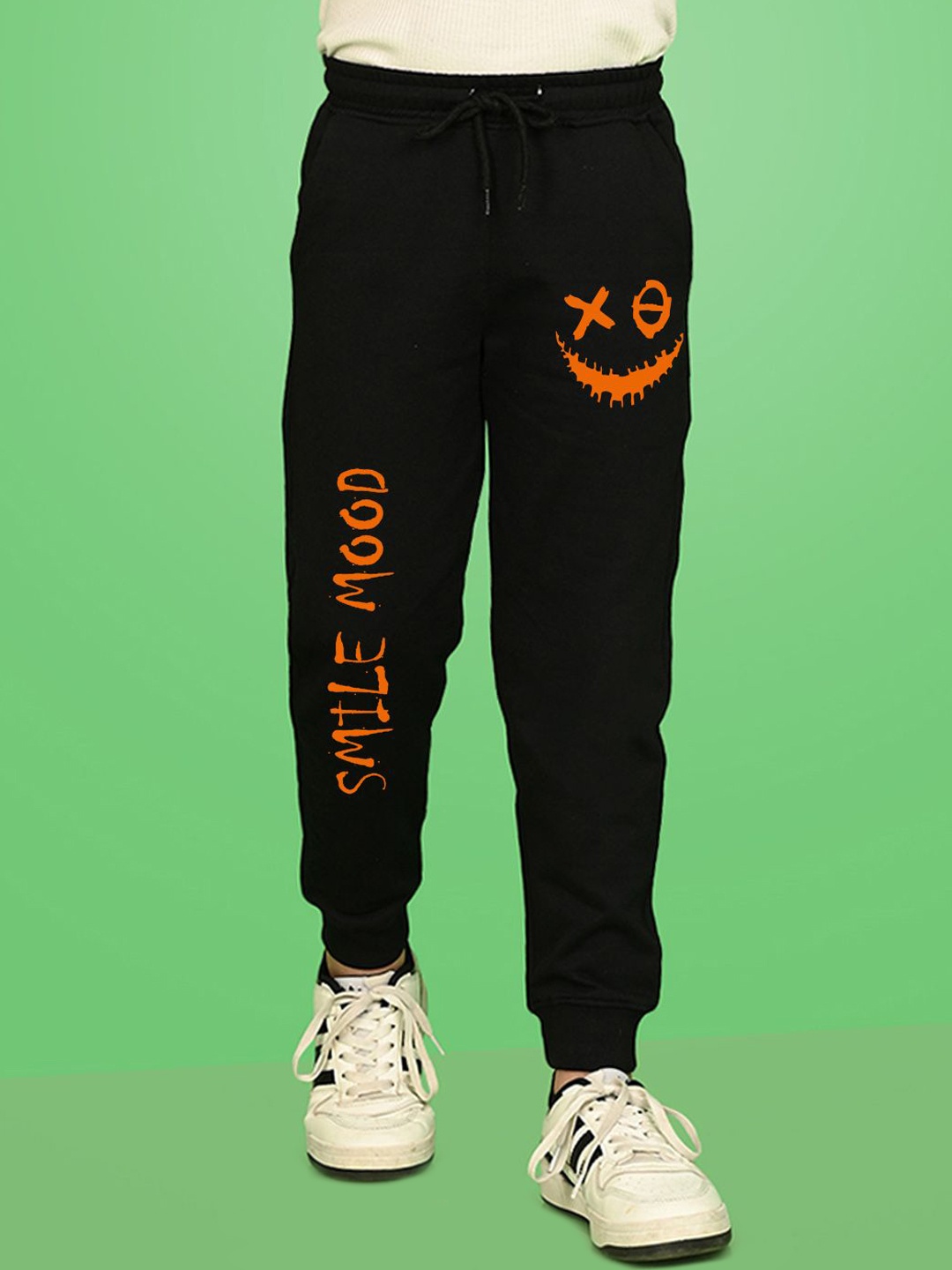 

NUSYL Boys Smiley Emoji Printed Ankle Length Regular Fit Joggers, Black