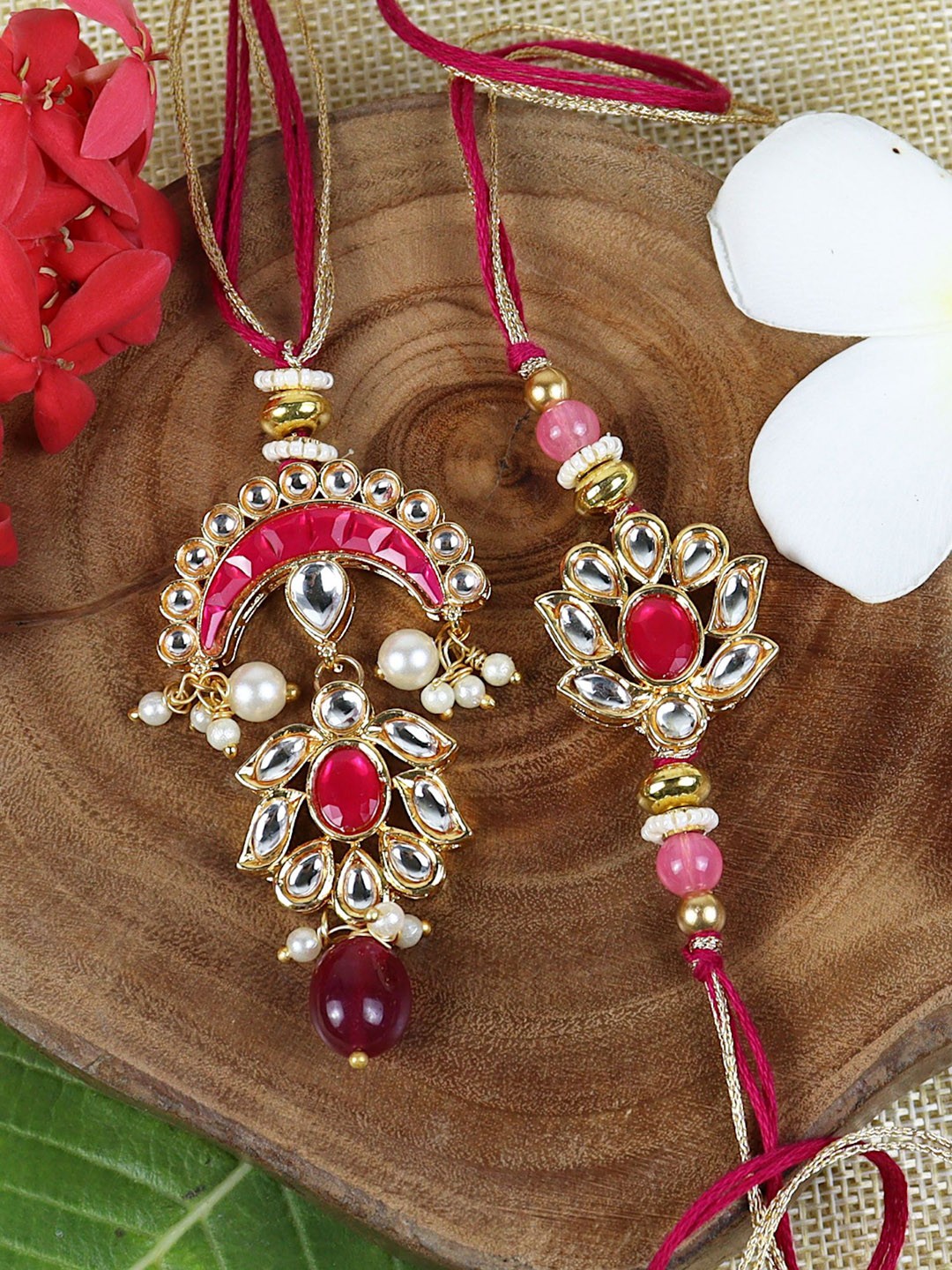 

Asthetika Kundan Stone Bhaiya Bhabhi Rakhi With Roli Chawal, Red