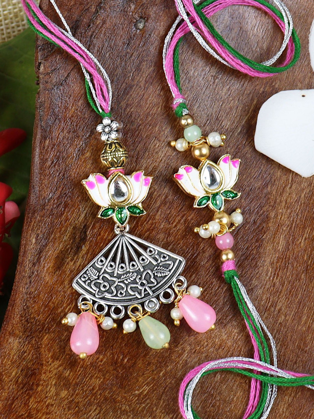 

Asthetika Oxidized Meenakari Bhaiya Bhabhi Rakhi With Roli Chawal, Pink