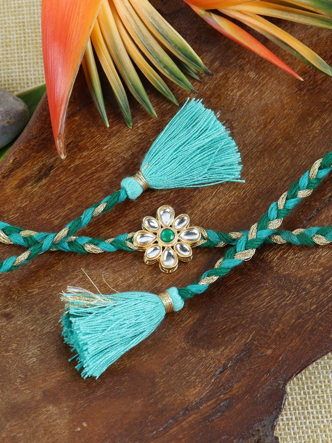 

Asthetika Kundan Braided Thread Rakhi With Roli Chawal, Green