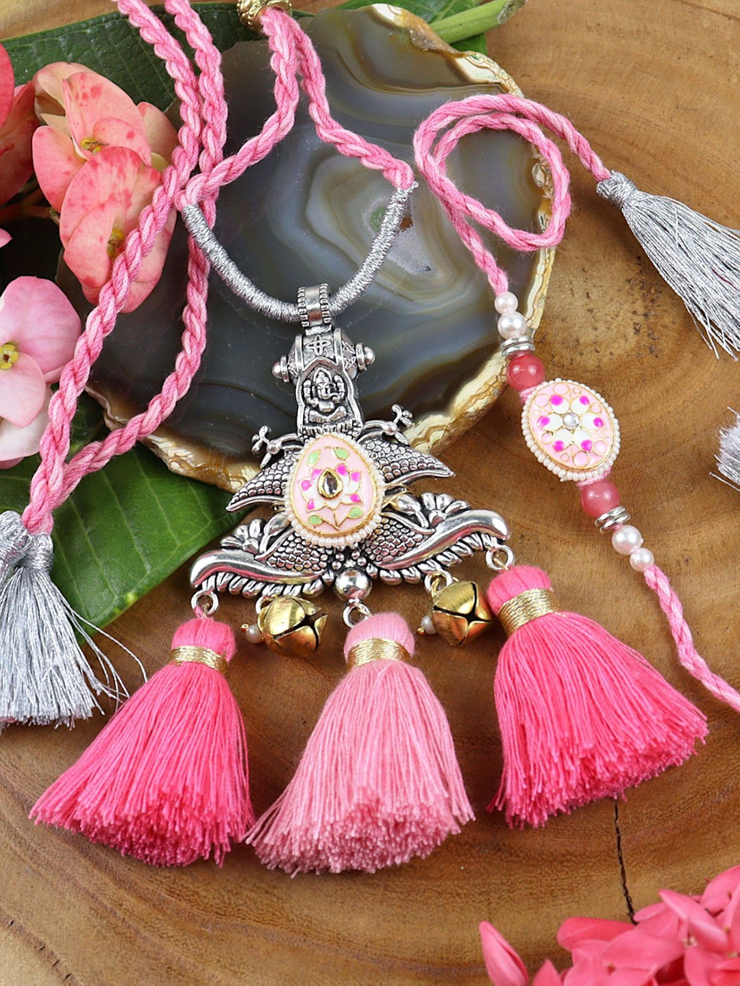 

Asthetika Oxidized Kundan Fusion Necklace Style Lumba Bhaiya Bhabhi Rakhi, Pink