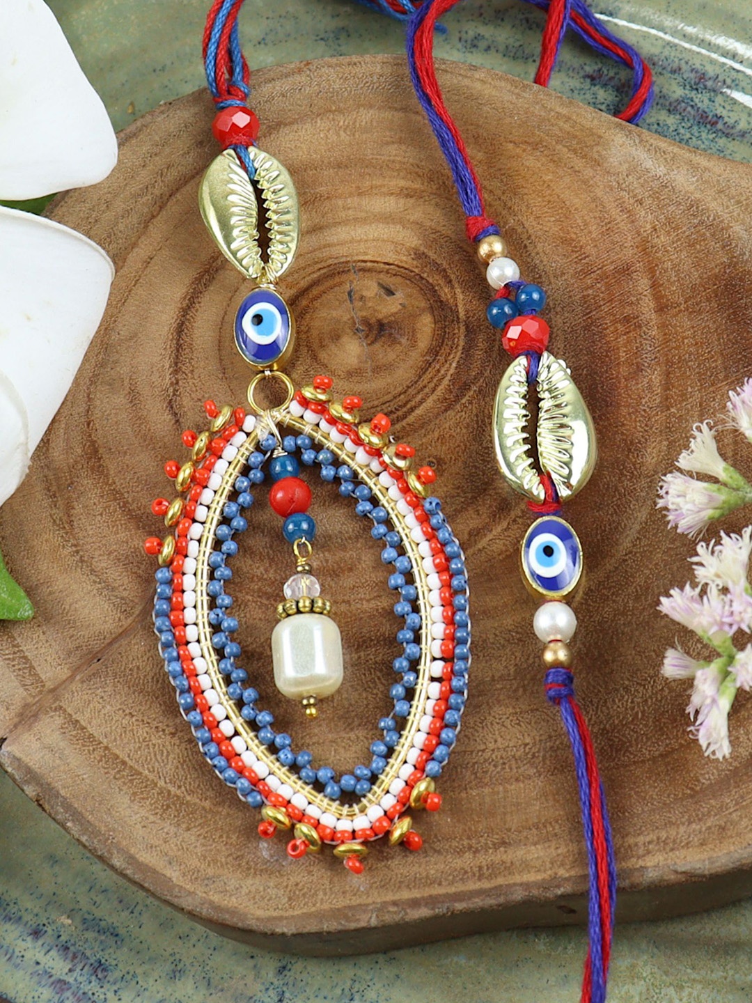 

Asthetika Beaded Pendant Evil Eye Bhaiya Bhabhi Rakhi With Roli Chawal, Blue