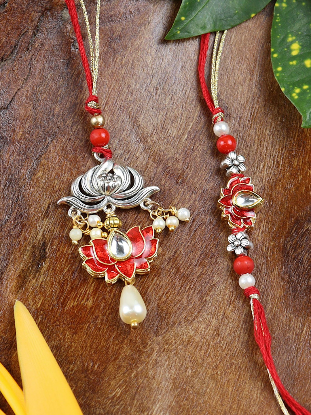 

Asthetika Oxidized Lotus Kundan Stone Bhaiya Bhabhi Rakhi With Roli Chawal, Red