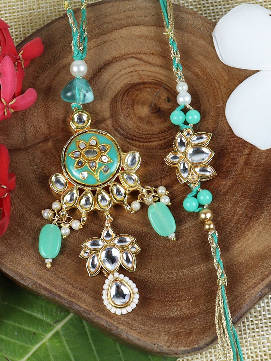 

Asthetika Hand Painted Kundan Bhaiya Bhabhi Rakhi With Roli Chawal, Green