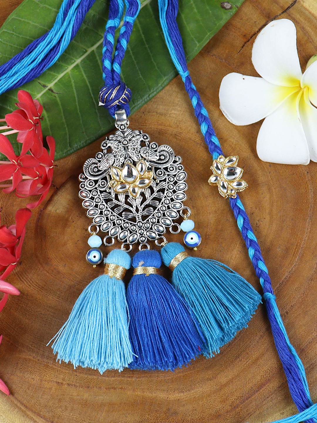 

Asthetika Oxidized Pendant Evil Eye Bhaiya Bhabhi Rakhi With Roli Chawal, Silver