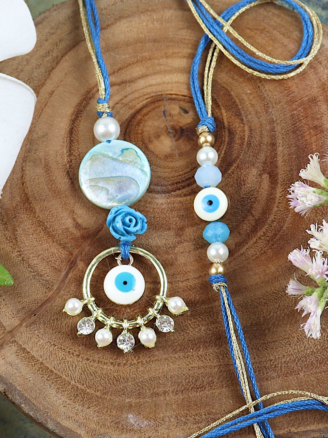 

Asthetika Evil Eye Mother of Pearl Bhaiya Bhabhi Rakhi with Roli Chawal, Blue