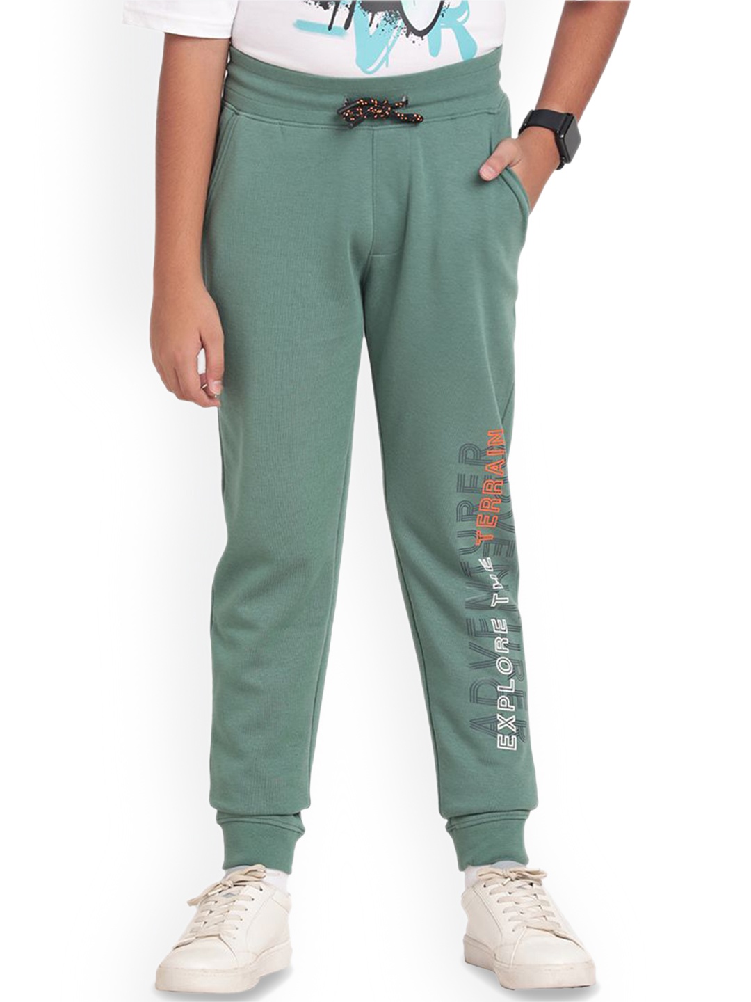 

Indian Terrain Boys Typography Mid Rise Cotton Track Pants, Green