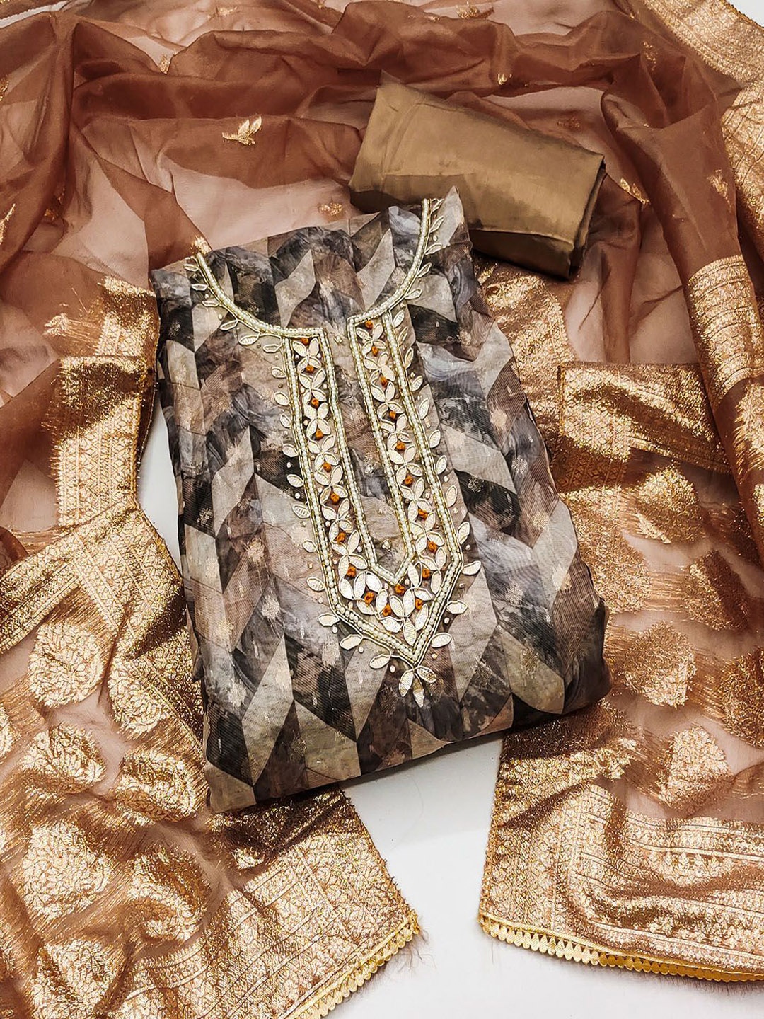 

Lilots Geometric Woven Design Beads and Stones Organza Jacquard Unstitched Dress Material, Coffee brown