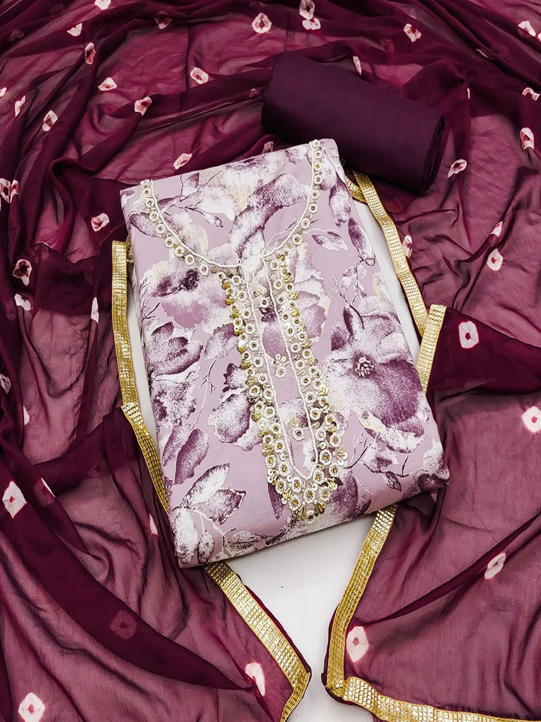 

Lilots Floral Printed Beads and Stones Unstitched Dress Material, Magenta
