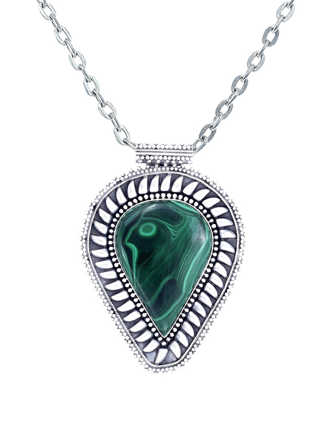 

Exotic India Malachite Stone Large Pan Shaped Sterling Silver Pendant