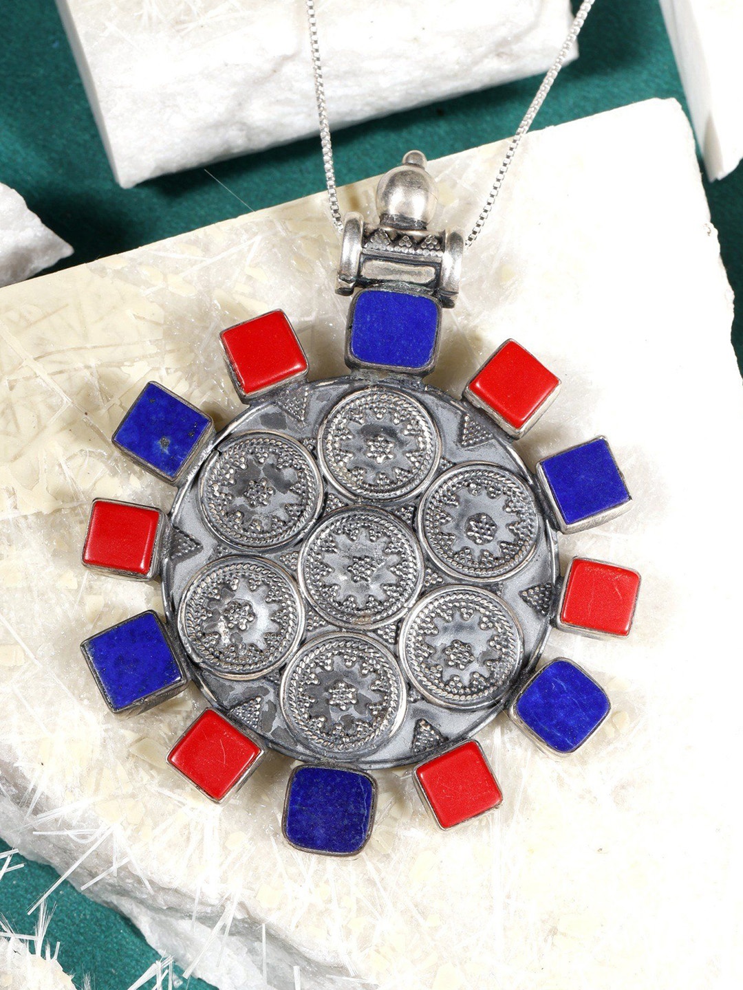 

Exotic India Coral & Lapis Lazuli Stone Circular Sterling Silver Pendant