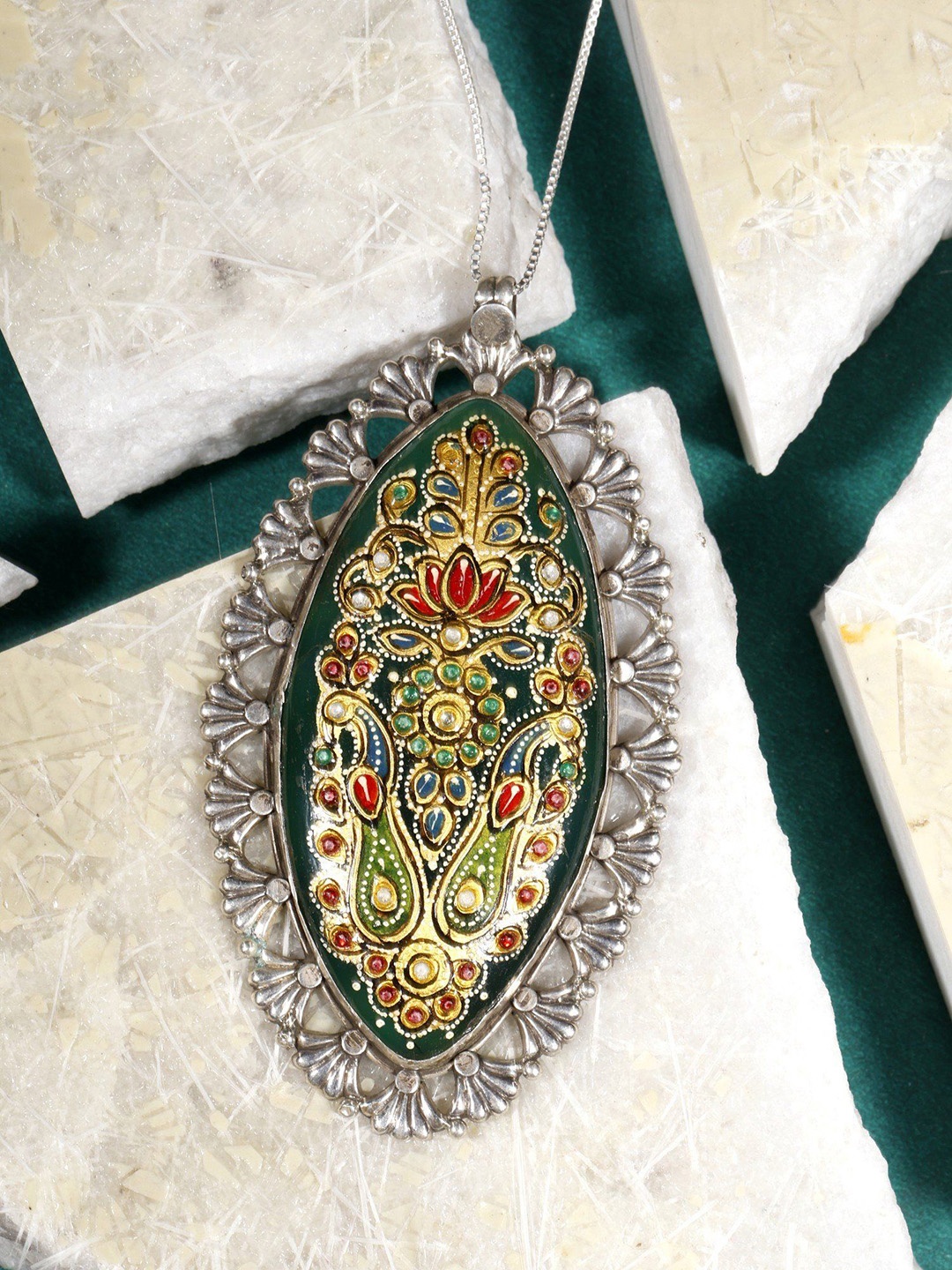 

Exotic India Sterling Silver Meenakari Work on Green Onyx Stone Pendant