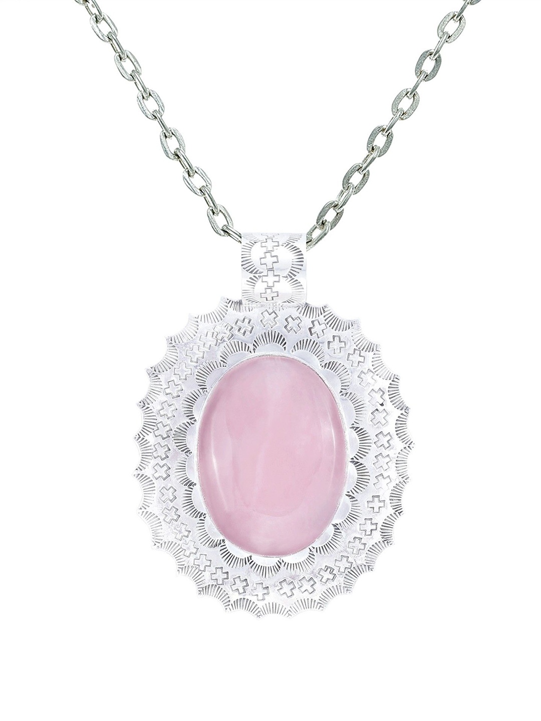 

Exotic India Rose Quartz Stone Large Oval Shaped Pattern Engraved Sterling Silver Pendant