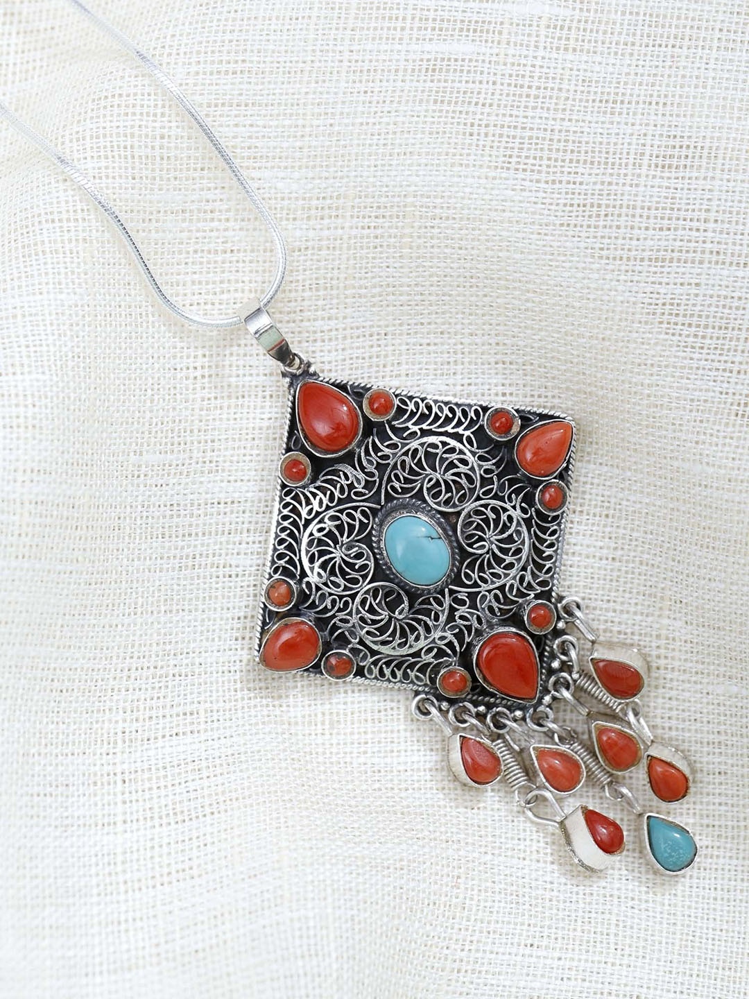

Exotic India Coral and Turquoise Stone Sterling Silver Filigree Pendant