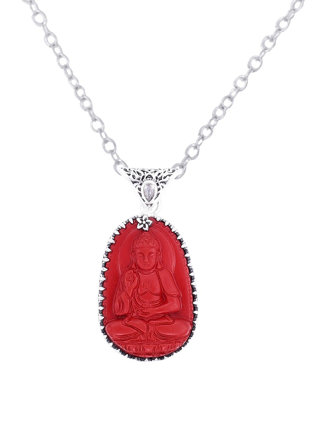 

Exotic India Red Stone Buddha with Precious Cubic Zirconia Sterling Silver Pendant