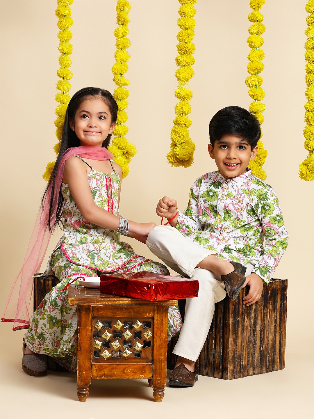 

Cutiekins Girls Floral Printed Gotta Patti Cotton Kurta with Sharara & Dupatta, Off white