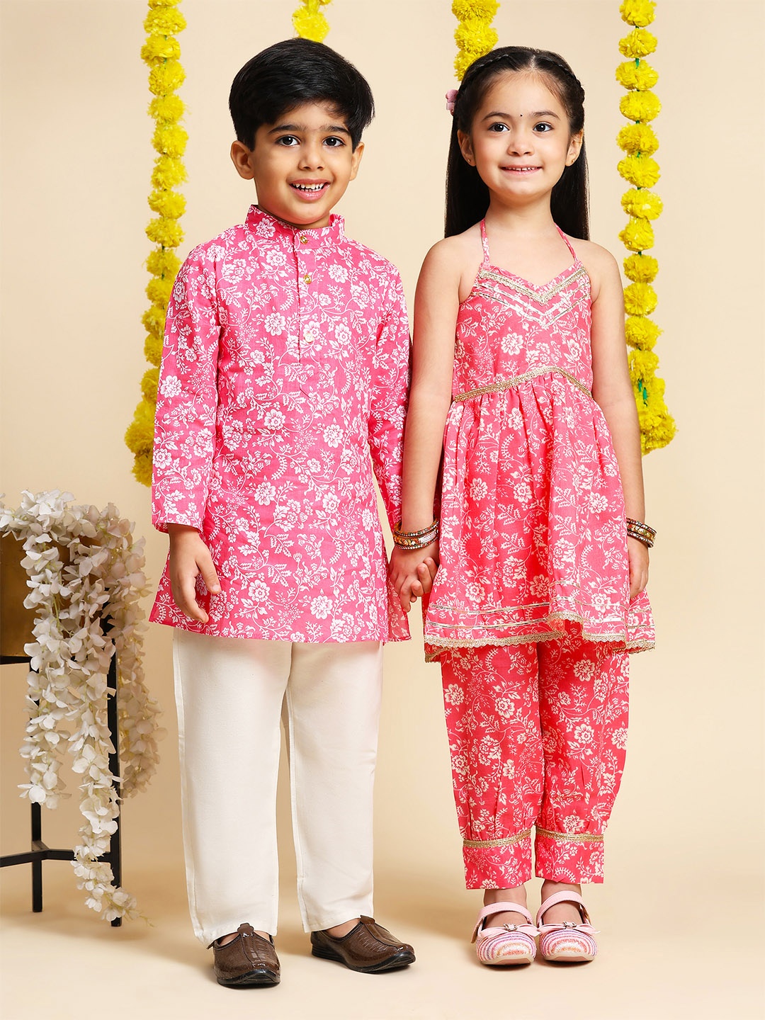 

Cutiekins Girls Floral Printed Gotta Patti Pure Cotton A-Line Kurta With Salwar, Pink