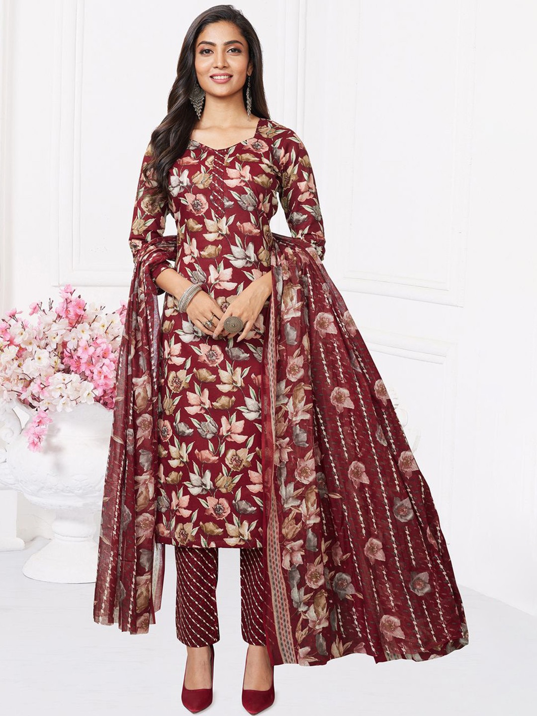 

MIRAAN Floral Printed Pure Cotton Unstitched Dress Material, Maroon