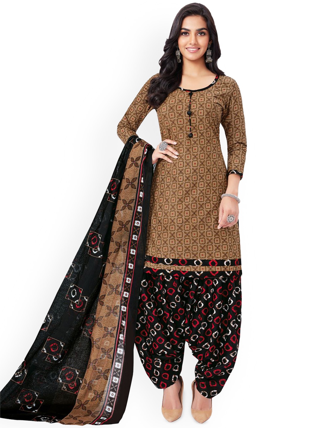 

MIRAAN Floral Printed Pure Cotton Unstitched Dress Material, Brown