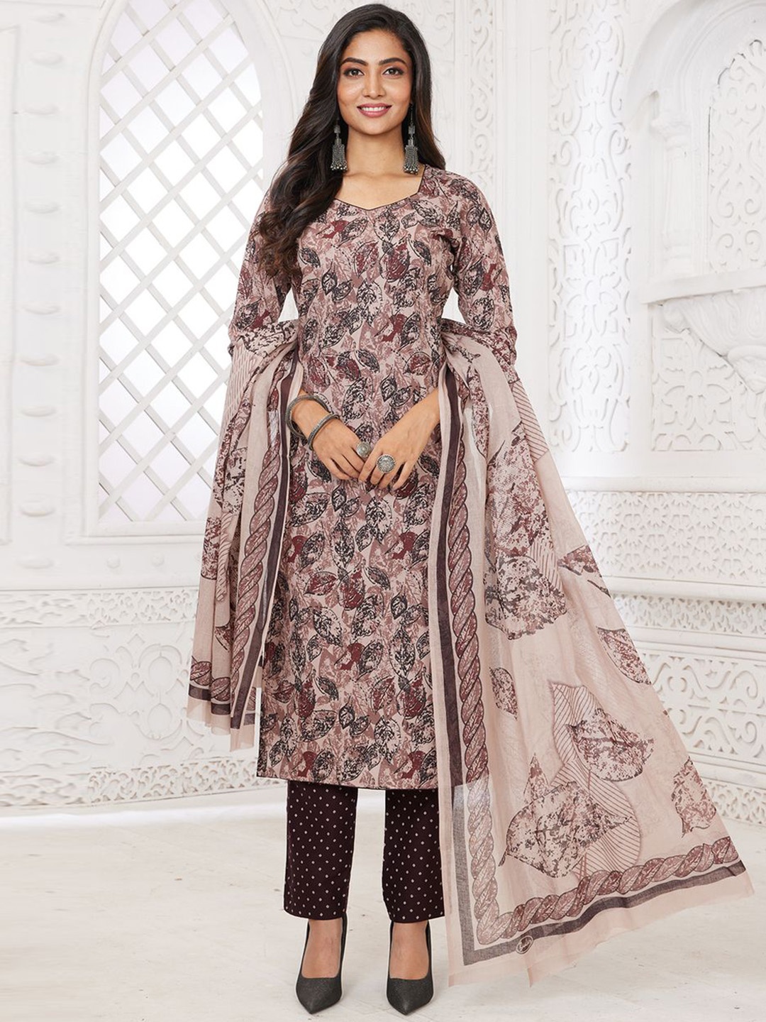 

MIRAAN Floral Printed Pure Cotton Unstitched Dress Material, Grey