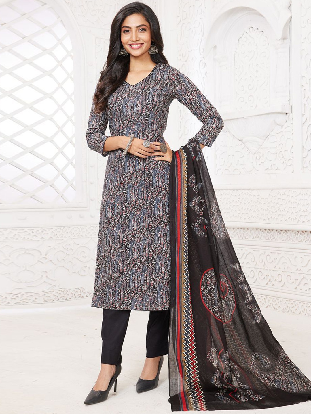 

MIRAAN Paisley Printed Pure Cotton Unstitched Dress Material, Black