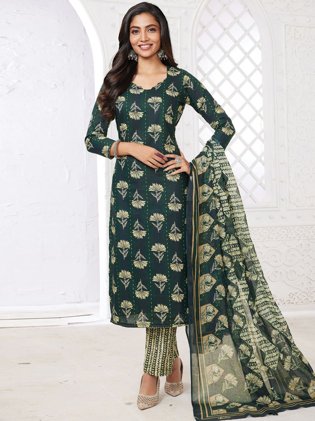 

MIRAAN Floral Printed Pure Cotton Unstitched Dress Material, Green