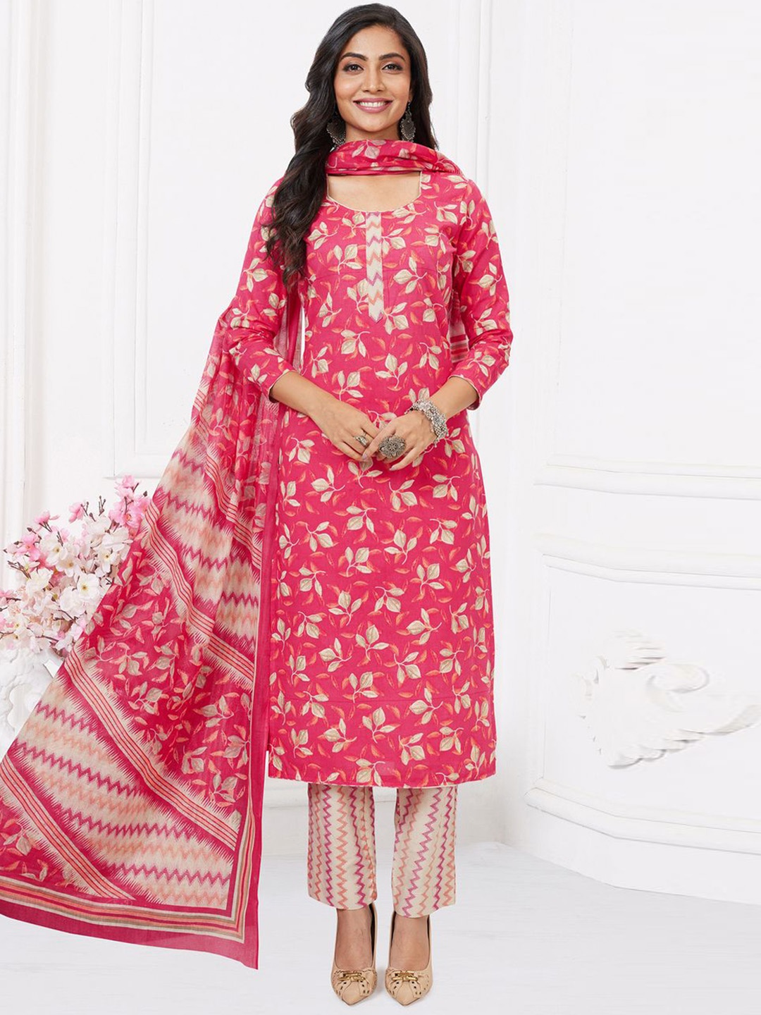 

MIRAAN Floral Printed Pure Cotton Unstitched Dress Material, Pink