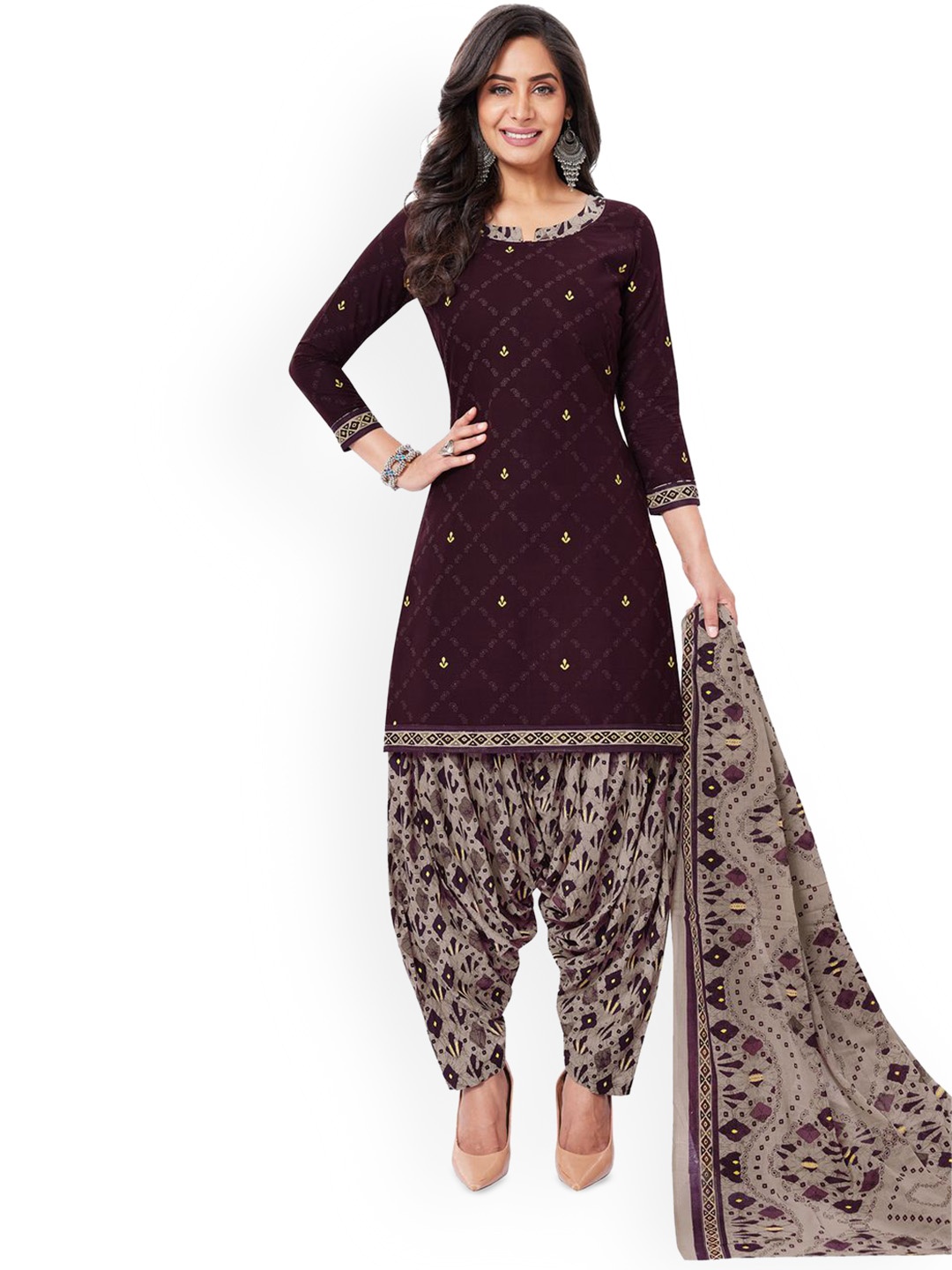 

MIRAAN Ethnic Motifs Printed Pure Cotton Unstitched Dress Material, Purple